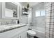 Bathroom featuring a granite countertop vanity and tiled shower and bathtub at 2714 S Raleigh St, Denver, CO 80236