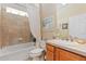Well-lit bathroom with a tub/shower combo, decorative tile, and vanity at 4932 Democrat Dr, Broomfield, CO 80023