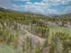 Scenic aerial shot showcasing a modern home embraced by a lush forest, with a winding driveway, deck, and mountain backdrop at 9288 Krashin Dr, Conifer, CO 80433