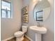 Stylish powder room featuring a pedestal sink, modern mirror, and unique wall decor at 13812 Honey Hush Trl, Parker, CO 80134