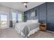 Bedroom with bed and blue accent wall, offering a tranquil retreat with neutral tones at 11250 Florence St # 30B, Commerce City, CO 80640