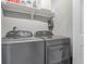 Laundry room featuring new gray front load washer and dryer with shelving and cabinets at 11250 Florence St # 30B, Commerce City, CO 80640