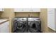 Modern laundry room featuring a front load washer and dryer and built-in cabinets at 26 Royal Ann Dr, Greenwood Village, CO 80111