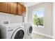 Bright laundry room features tile floors, cabinets, a window for natural light, and a modern washer and dryer set at 2161 Willow Ct, Denver, CO 80238