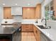 Bright kitchen featuring sleek cabinets, a marble backsplash, and a stainless steel sink at 2463 Tavern Way, Castle Rock, CO 80104