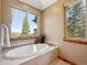 Bright bathroom with a soaking tub and large window offering views of the outdoor landscape at 26886 Evergreen Springs Rd, Evergreen, CO 80439