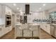 Modern kitchen with white cabinetry, stainless steel appliances, kitchen island with bar seating and modern backsplash at 3550 Eudora St, Denver, CO 80207