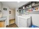 Convenient laundry room equipped with a washer, dryer, and shelving for storage at 4641 W Ponds Cir, Littleton, CO 80123