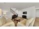 Cozy living room with hardwood floors, modern furniture, and staircase to the upper level at 4644 Hatcher Dr, Brighton, CO 80601