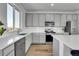 Modern kitchen features stainless steel appliances, a subway tile backsplash, quartz countertops, and gray cabinets at 8728 Hotchkiss St, Littleton, CO 80125