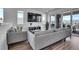 Bright living room with comfortable gray sofa, TV, lots of windows and sliding glass door to outside deck at 8728 Hotchkiss St, Littleton, CO 80125
