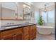 Bright bathroom with wood cabinets, a soaking tub, and decorative lighting fixtures at 11921 S Black Horn Cir, Parker, CO 80134