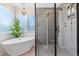 Elegant bathroom featuring a soaking tub, walk-in shower, and modern finishes at 11921 S Black Horn Cir, Parker, CO 80134