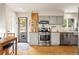 Bright kitchen featuring butcher block countertops, stainless steel appliances, and wooden floor at 352 Apache Rd, Evergreen, CO 80439