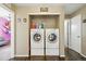 Laundry room features modern washer and dryer with decoratively arranged laundry supplies above at 5552 Odessa St, Denver, CO 80249