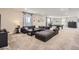 Spacious living room with neutral carpet, oversized sectional couch, and a pool table at 14440 Hop Clover Trl, Parker, CO 80134