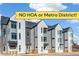 Modern townhome featuring a gray and white exterior, complemented by wooden fencing and 'NO HOA or Metro District' banner at 5385 W 14Th Ave, Lakewood, CO 80214
