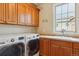 Functional laundry room with ample storage cabinets and a large window at 4651 Sonado Pl, Parker, CO 80134