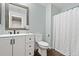Modern bathroom showcasing sleek vanity, toilet, mirror, and well-designed shower area at 6139 Raleigh Cir, Castle Rock, CO 80104