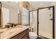 Bathroom features a glass door shower, granite counter tops, and a window that lets in natural light at 10776 Hillsboro Cir, Parker, CO 80134