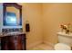 Chic powder room featuring a vanity with granite countertop, mirror, and toilet with flowers at 1751 Clermont St, Denver, CO 80220