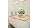 Bathroom double vanity with modern fixtures, wood countertop, large mirror, and white cabinetry at 1452 S Washington St, Denver, CO 80210
