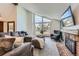 Spacious living room with large windows, vaulted ceilings, fireplace and comfortable seating at 8820 W 80Th Dr, Arvada, CO 80005