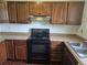 Kitchen with wood cabinets, laminate countertops, black stove, and stainless steel sink at 16032 E Floyd Ave, Aurora, CO 80013
