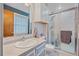 Bathroom featuring a frosted glass enclosed shower, white cabinets, and grey countertops at 5060 W 71St Pl, Westminster, CO 80030