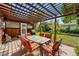 Outdoor seating area with lattice patio cover, well-maintained lawn, and BBQ grill at 1395 S Kendall St, Lakewood, CO 80232