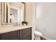 Stylish powder room with a modern vanity, decorative mirror, and sleek fixtures at 427 Milwaukee St, Denver, CO 80206