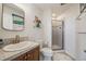 Compact bathroom featuring a single sink vanity, toilet, and tiled, glass-enclosed shower at 5364 Dunraven Cir, Golden, CO 80403