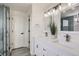 Bright bathroom featuring a double sink vanity, white cabinets, and a separate shower at 23709 Glenmoor Dr, Parker, CO 80138