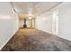 Basement featuring neutral walls, carpet flooring, wood stove, and ceiling fan at 14830 Robins Dr, Denver, CO 80239