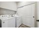 Bright laundry room with modern washer and dryer and storage at 468 Millwall Cir, Castle Pines, CO 80108