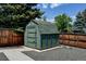 Exterior view of backyard shed with green paint and shingled roof at 5986 Dunraven St, Golden, CO 80403