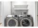 Laundry room featuring a modern, stainless steel, front load washer and dryer at 2101 S Victor St # C, Aurora, CO 80014