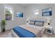 Modern bedroom featuring a comfortable bed, stylish lamps, blue accents and natural light at 3818 W 14Th Ave, Denver, CO 80204