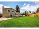 A large backyard includes a well-maintained lawn, patio, and mature trees for shade and privacy at 7863 W Quarto Ave, Littleton, CO 80128