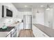 Modern kitchen with white cabinets, stainless steel appliances, and an island at 155 S Monaco Pkwy # 302, Denver, CO 80224