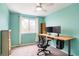 Bedroom with teal walls, large window, and a workspace with dual monitors at 9506 Castle Ridge Cir, Highlands Ranch, CO 80129