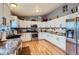 Modern kitchen with white cabinetry, stainless steel appliances, and hardwood floors at 7716 Shenandoah Dr, Elizabeth, CO 80107