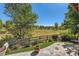 Picturesque backyard view featuring a stone patio, lush greenery, and a serene neighborhood setting at 10631 Autumnsong Ct, Highlands Ranch, CO 80126