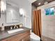 Modern bathroom with a shower, decorative tile work, a modern vanity, and a contemporary aesthetic at 5350 Yellowstone St, Bow Mar, CO 80123