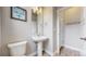 Elegant half-bathroom showcasing a pedestal sink, stylish fixtures, and clean design at 8742 E 47Th Ave, Denver, CO 80238