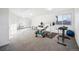 Bright basement gym featuring carpeted floors, workout equipment, and a window offering natural light, perfect for fitness enthusiasts at 20054 E 48Th Dr, Denver, CO 80249