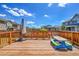 Charming wooden deck featuring a small picnic table, umbrella, and views of neighboring homes at 3086 Kestrel St, Brighton, CO 80601
