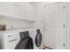 Functional laundry room with a modern washer and dryer, storage cabinets, and access to the outside at 5146 S Argonne St, Centennial, CO 80015