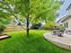 Spacious backyard featuring a circular patio, large shade tree and well-maintained lawn at 21238 Snowshoe Ln, Parker, CO 80138