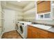 Functional laundry room with washer, dryer, built-in shelves, and ample counter space at 7527 E Severn Pl, Denver, CO 80230